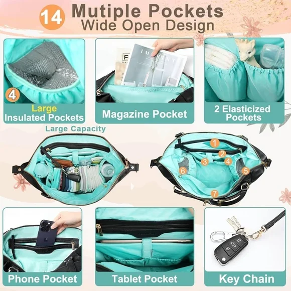 Mominside Black Leather Baby Diaper Bag Backpack, 14 Pockets & Changing Pad - Picture 6 of 16